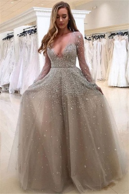 A-line Long Sleeves V-neck Floor-length Tulle Pearls Prom Dresses_3