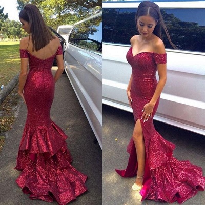 Sequins Mermaid Prom Dresses Off the Shoulder Side Split Sexy Evening Gowns_3