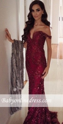 2018 Burgundy Off-the-Shoulder Prom Dress Appliques Mermaid Long Evening Gowns_3