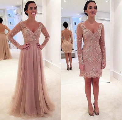 Long Sleeves Prom Dresses with Detachable Skirt Two Pieces Lace Beaded Evening Gowns_2