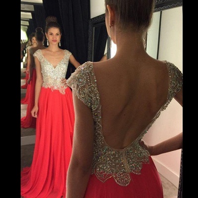 Red Chiffon Prom Dresses Crystals Beaded Capped Sleeves Open Back Long Evening Gowns_3
