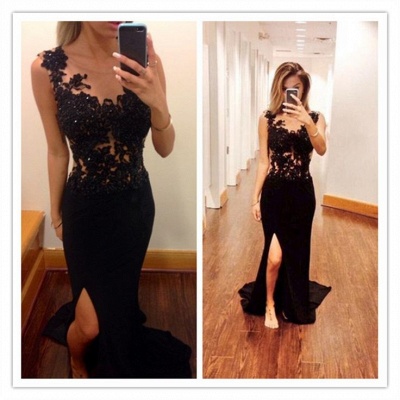 2018 Black Mermaid Evening Gowns Lace Beaded Top Side Slit Long Formal Women's Party Dresses_3