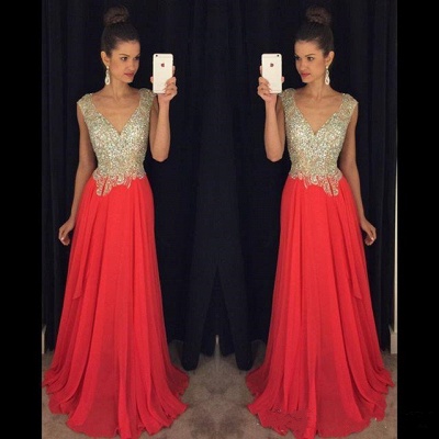 Red Chiffon Prom Dresses Crystals Beaded Capped Sleeves Open Back Long Evening Gowns_4