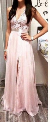 Pink Chiffon Prom Dresses Lace Top V Neck Open Back Side Split Long Evening Gowns_1