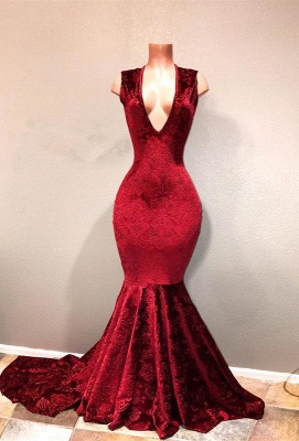 Sexy Burgundy Mermaid Prom Dresses | V-Neck Long Print Evening Gowns_1