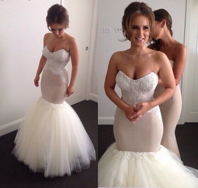 Sweetheart Mermaid Wedding Dresses Beading Applique Tulle Floor Length Bridal Gowns_2