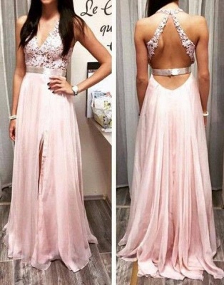 Pink Chiffon Prom Dresses Lace Top V Neck Open Back Side Split Long Evening Gowns_3
