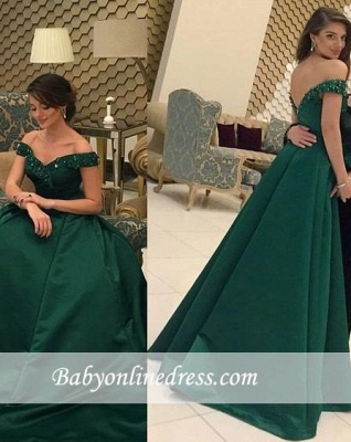 Formal Dark Green A-line Prom Dress Beaded Off-the-Shoulder Evening Gown_3