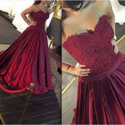 Sweetheart Elegant Burgundy Ball-Gown Lace-Applique Prom Dresses_3