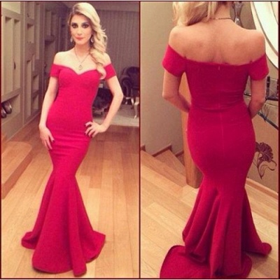 Short Sleeves Sheath Simple Prom Dresses Off the Shoulder Red V-neck Evening Gowns_3