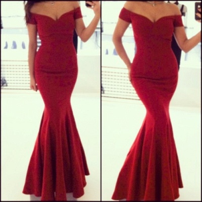 Short Sleeves Sheath Simple Prom Dresses Off the Shoulder Red V-neck Evening Gowns_2