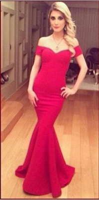 Short Sleeves Sheath Simple Prom Dresses Off the Shoulder Red V-neck Evening Gowns_5