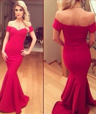 Short Sleeves Sheath Simple Prom Dresses Off the Shoulder Red V-neck Evening Gowns_4