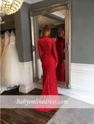 Long-Sleeve Sweep-Train Sexy Red High-Neck Mermaid Lace Prom Dress_1