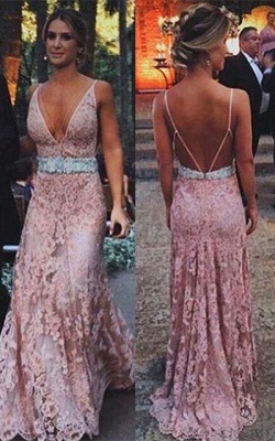 Sexy Zipper Lace Tulle Pink Long V-Neck Prom Dress with Beadings_3