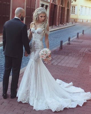 Alluring Mermaid Lace Wedding Dresses Cap Sleeves Appliques Bridal Gowns_2