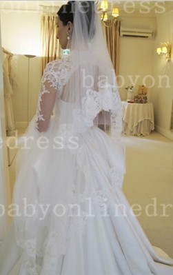 High Neck Full Lace Open Back A-line Court Train Long Sleeve Vintage Wedding Dresses_2