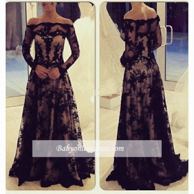 Off-Shoulder Long Sleeves Prom Dresses Sheer Black Lace Sweep Train Evening Gowns_1