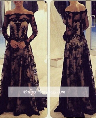 Off-Shoulder Long Sleeves Prom Dresses Sheer Black Lace Sweep Train Evening Gowns_3