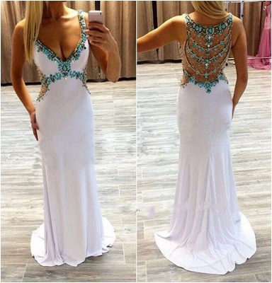White Long Prom Dresses with Turquoise Blue Crystals Straps Formal Evening Gowns_4