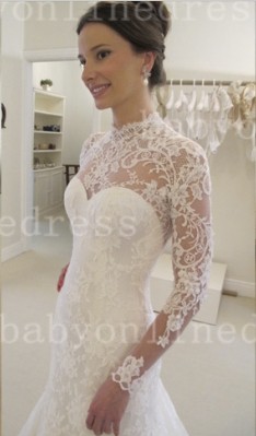 High Collar Satin Lace Sweetheart A-line Appliques Court Train Long Sleeves Wedding Dresses_2
