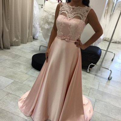 Elegant Long A-Line Evening Dress Lace Sleeveless Prom Dresses_3