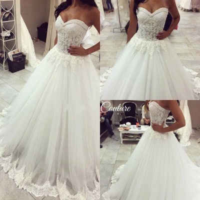Lace Beaded A-line Wedding Dresses Sweetheart Lace Trim Sheer Elegant Bridal Gowns_4