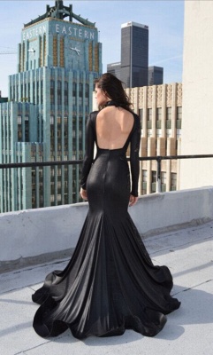 High Neck Long Sleeves Black Lace Prom Dresses Shiny Backless Sexy Mermaid Evening Gowns_2