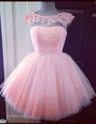 Pink Lace Tulle Short Homecoming Dresses Capped Sleeves Mini Prom Dresses_2