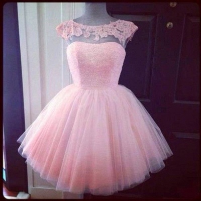 Pink Lace Tulle Short Homecoming Dresses Capped Sleeves Mini Prom Dresses_1