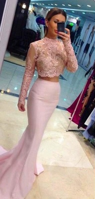 Two-Piece Mermaid Prom Dresses High Neck Long Sleeves Lace Pink Evening Gowns_1