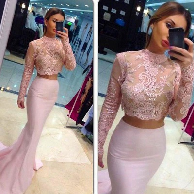 Two-Piece Mermaid Prom Dresses High Neck Long Sleeves Lace Pink Evening Gowns_3
