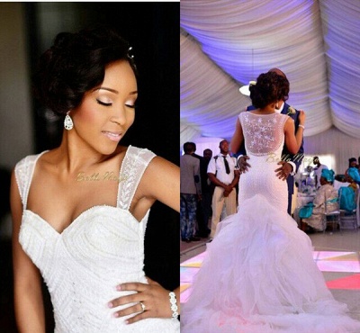 White Mermaid Wedding Dresses | Luxury Beaded Sheer Back Ruffles Bridal Gowns_3