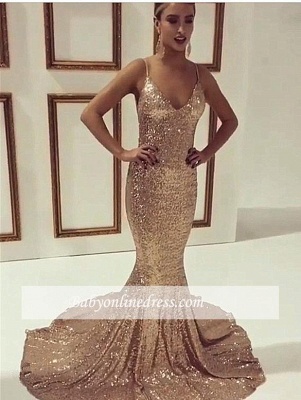Simple Mermaid Sequined Prom Dress 2018 Spaghetti-Straps Sleeveless Evening Gowns_1