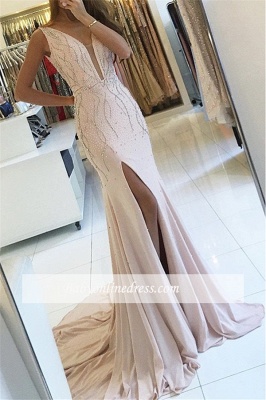 2018 Mermaid Sweep-train Two-straps Side-slit V-neck Sleeveless Prom Dress_3