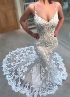 Elegant Lace Appliques Wedding Dresses | Spaghettis Straps Mermaid Bridal Gowns_1