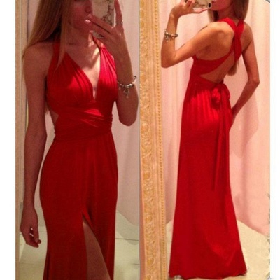Green Backless Prom Dresses Deep V Neck Crisscross Back Side Slit Sexy Simple Evening Gowns_3
