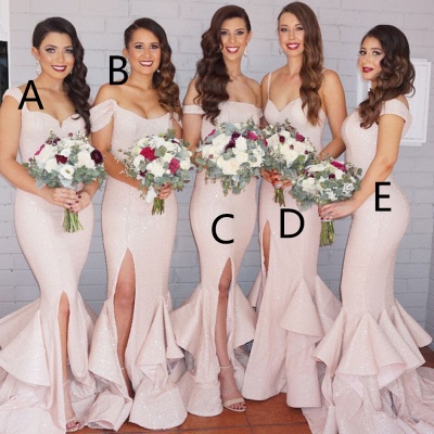 Sequins Mermaid Bridesmaid Dresses Pink Layers Train Side Split Sexy Maid of the Honor Dresses_4