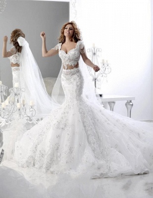 White Lace Sweetheart Mermaid Wedding Dresses with Short Sleeves_2