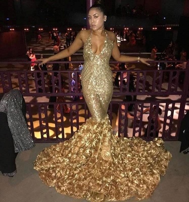 Sexy Gold V-Neck Mermaid Prom Dresses | Halter Evening Gown With Rose Flowers Train_2