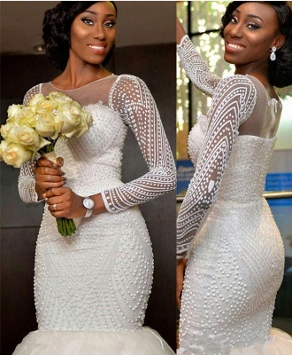 Gorgeous Tulle Long-Sleeve Wedding Dress with Zipper and Beadings_2