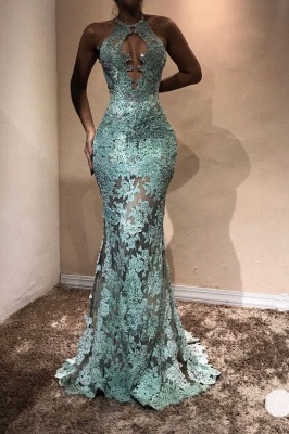 Halter Sheer Prom Dresses | Lace Appliques Sleeveless Mermaid Evening Gown_2