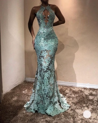 Halter Sheer Prom Dresses | Lace Appliques Sleeveless Mermaid Evening Gown_3