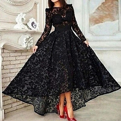 Vestido Black Hi-lo Long Sleeves Prom Dresses Sheer Lace Evening Gowns_2