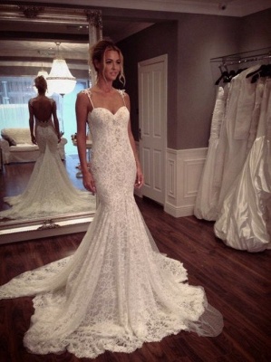 Spaghettis Straps Lace Backless Mermaid Wedding Dresses with Alluring Court Train_1