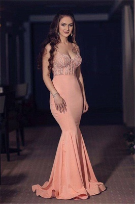 V-neck Spaghetti Floor-length Chiffon Appliques Mermaid Prom Dresses_2