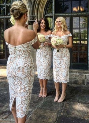 Off-the-Shoulder Bridesmaid Dresses | Lace Sheath Tea Length Maid of the Honor Dresses_1