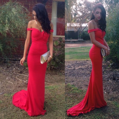 Sexy Long Chiffon Formal Prom Dress Red Off the Shoulder Party Dresses_3