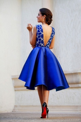 Royal Blue Cocktail Dresses Deep V Neck Lace Satin Hi-lo Knee Length Homecoming Dresses_5