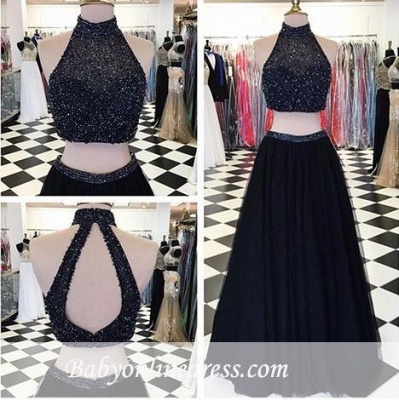 2018 Two-Piece Black Long High-Neck A-line Prom Dresses with Beadings_1